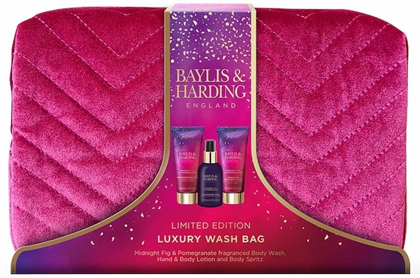 Набор - Baylis & Harding Midnight Fig & Pomegranate Deluxe Wash Bag Gift Set (sh/gel/100ml + h/cr/100ml + b/mist/100ml + bag) — фото N1