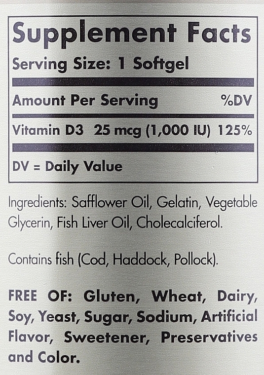 Дієтична добавка "Вітамін D" - Solgar Vitamin D3 1000 IU Cholekacyferol — фото N7