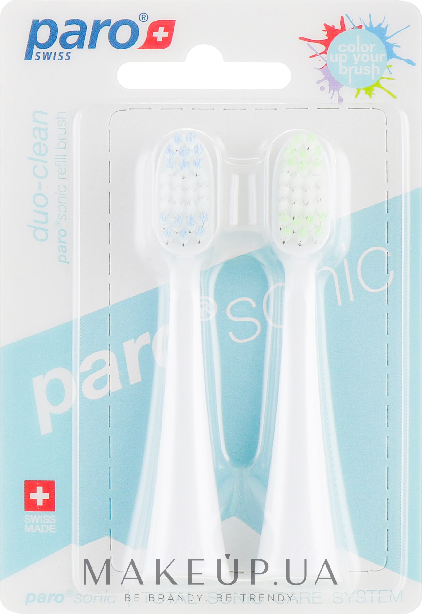Сменные щетки для звуковой зубной щетки, синяя + салатовая - Paro Swiss Sonic Duo Clean — фото 2шт