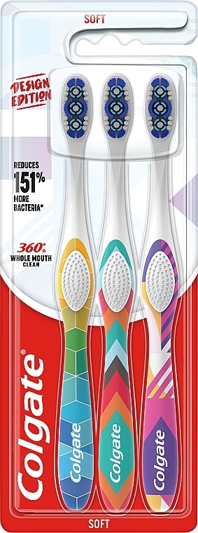 Набір м'яких зубних щіток, 3 шт., дизайн 2 - Colgate 360 Design Edition — фото N1