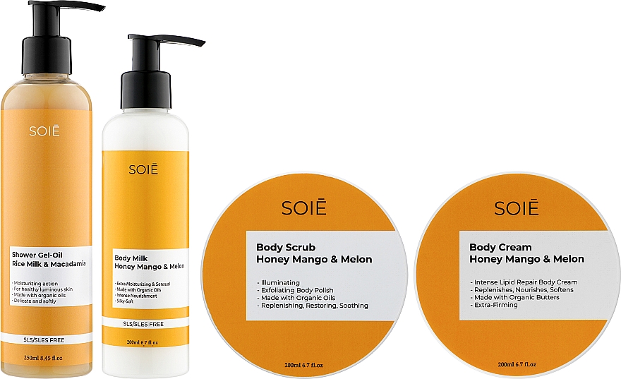 Набір - Soie Honey Mango & Melon L (show/gel/250ml + b/scrub/200ml + b/cr/200ml + milk/200ml)