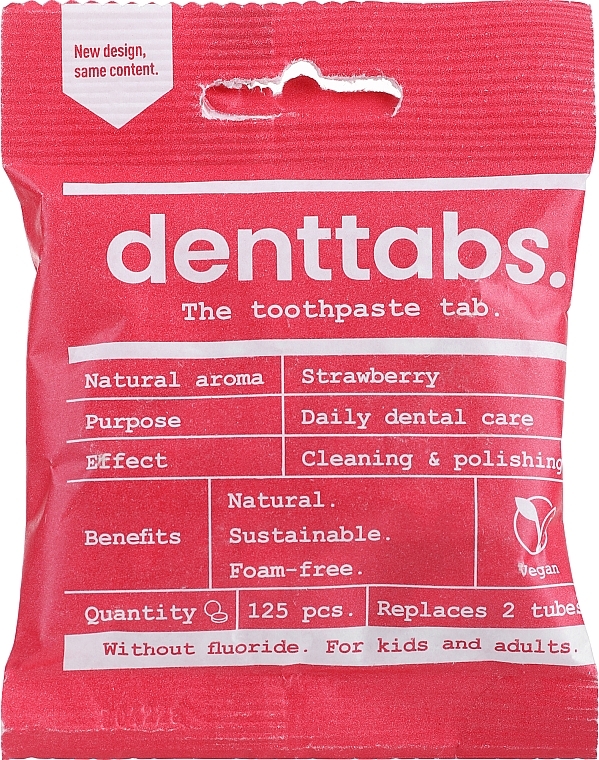 Таблетки для чистки зубов "Клубника" без фтора для детей - Denttabs Teeth Cleaning Tablets Kids Strawberry Fluoride Free — фото N1