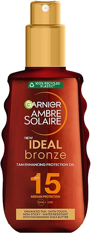 Сонцезахисна водостійка олія-спрей "Ідеальна Засмага" для шкіри тіла та обличчя, середній ступінь захисту SPF15 - Garnier Ambre Solaire Ideal Bronze — фото N1