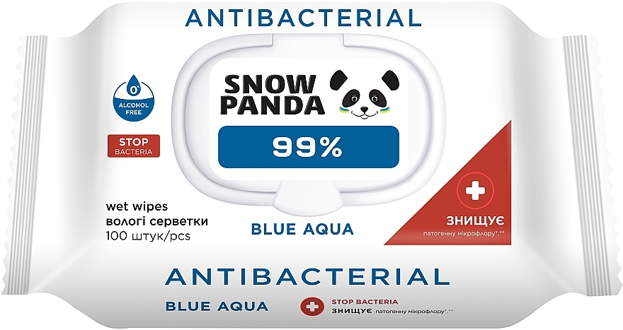 Влажные салфетки для рук и тела 99% с антимикробным действием "Blue Aqua", с клапаном - Снежная панда — фото N1