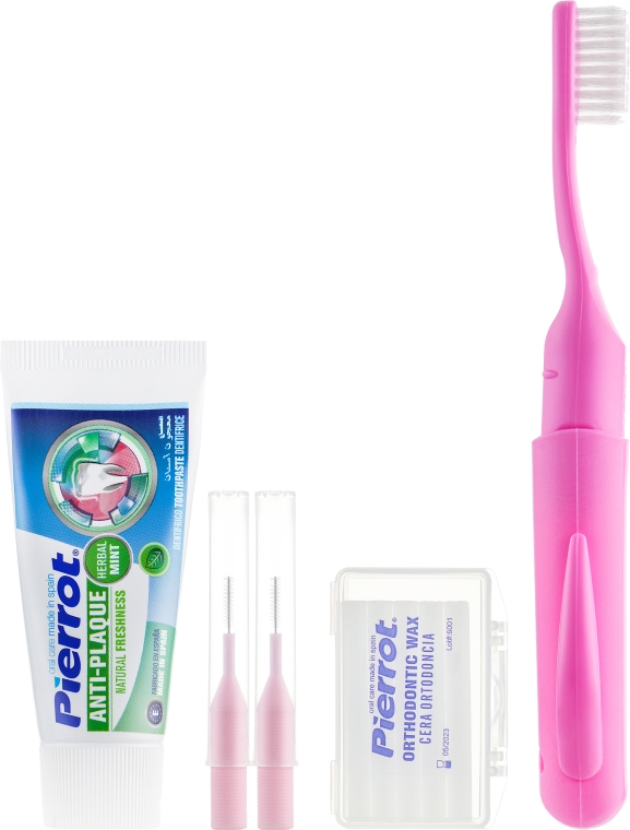 Набор дорожный ортодонтический, розовый - Pierrot Orthodontic Dental Kit (tbrsh/1шт. + tpst/25ml + brush/2шт. + wax/1уп.) — фото N2