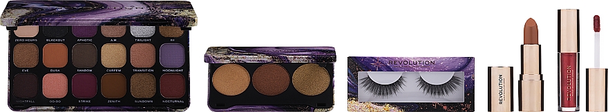 Набір - Makeup Revolution Midnight Allure Gift Set (palette/19.8g + palette/6.6g + lipstick/3.6g + l/gloss/2ml + lash) — фото N2