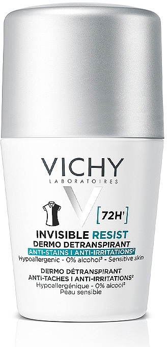 Шариковый дезодорант-антиперспирант 72 часа защиты от пота и запаха против желтых и белых пятен на одежде - Vichy Deo Invisible Resist 72H  — фото N1