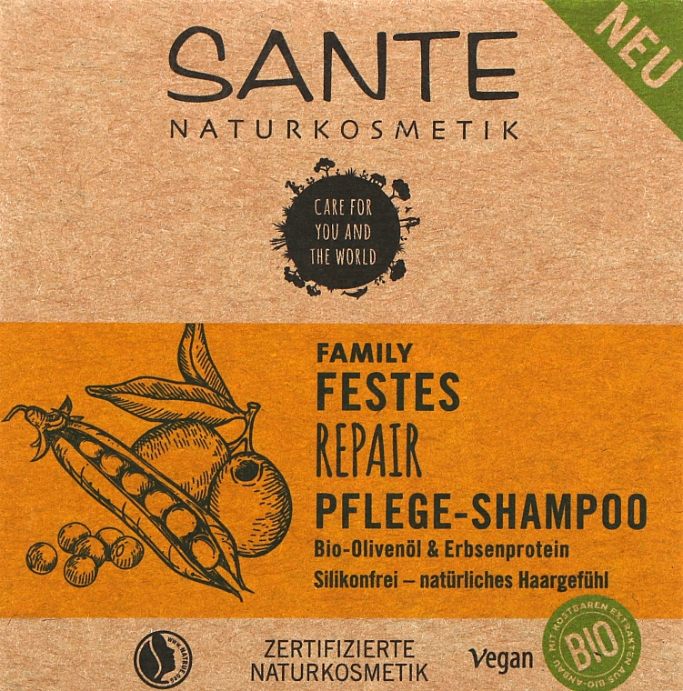 Шампунь твердий регенерувальний для волосся "Олива й білок гороху" - Sante Family Repair Pflege-Shampoo — фото N1