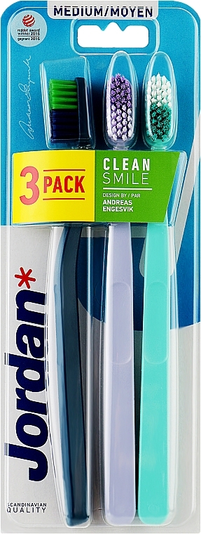Зубная щетка, средняя, темно-синяя+бирюзовая+сиреневая - Jordan Clean Smile Medium
