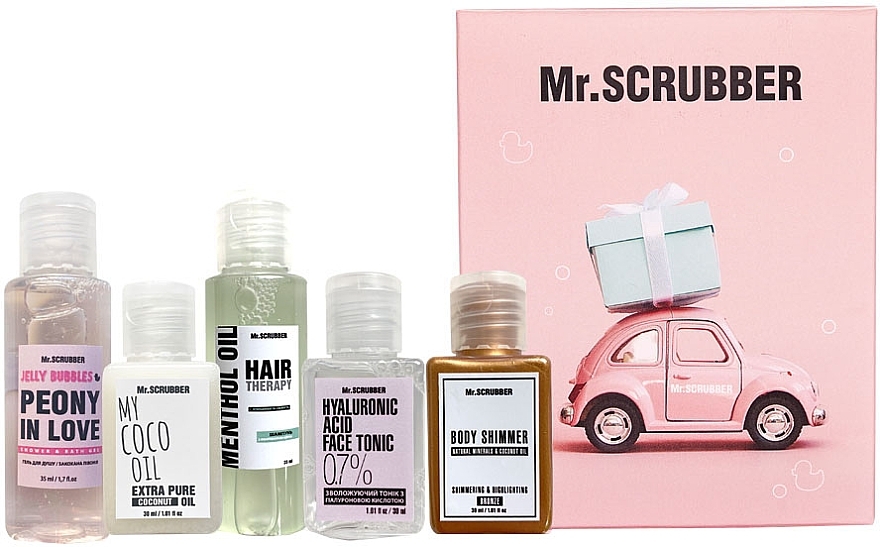 УЦЕНКА Набор - Mr.Scrubber Travel Box (oil/30 ml + shm/35 ml + sh/gel/35 ml + b/shimmer/30 ml + tonic/30 ml) * — фото N1