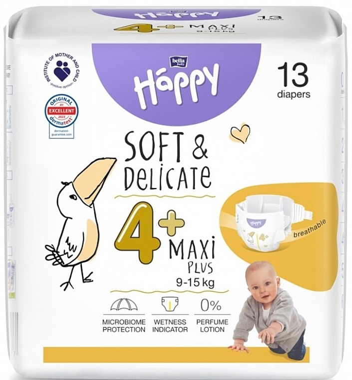 Дитячі підгузки 9-15 кг, розмір 4+ Maxi Plus, 13 шт.  - Bella Baby Happy Soft & Delicate — фото N1