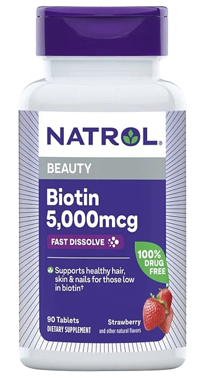 Биотин со вкусом клубники, 5 000 мкг - Natrol Beauty Biotin 5 000 Mcg — фото N1