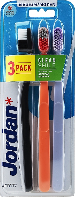 Зубна щітка, середня, чорна + помаранчева + фіолетова - Jordan Clean Smile Medium — фото N1