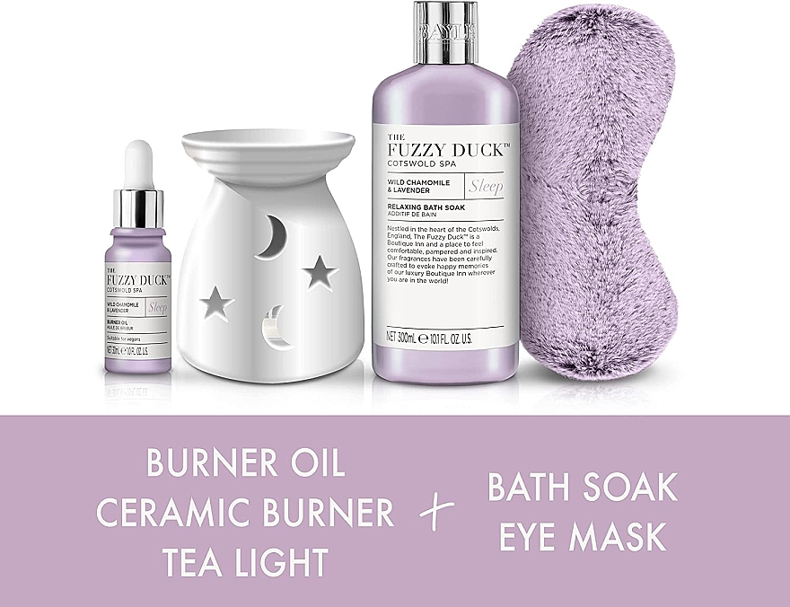 Набор - Baylis & Harding The Fuzzy Duck Cotswold Spa Sleep Gift Set (bath/soak/300ml + arom/oil/30ml + ceramic/lamp + sleep/mask + tea light) — фото N2