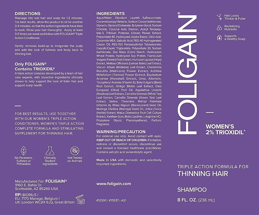 Шампунь от выпадения волос для женщин - Foligain Women's Triple Action Shampoo For Thinning Hair — фото N3