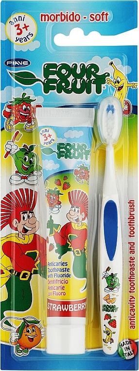 УЦІНКА Набір для дітей від 3-х років, біло-синя щітка - Piave Four Fruit (toothpast/50ml + toothbrush/1pc) * — фото N1