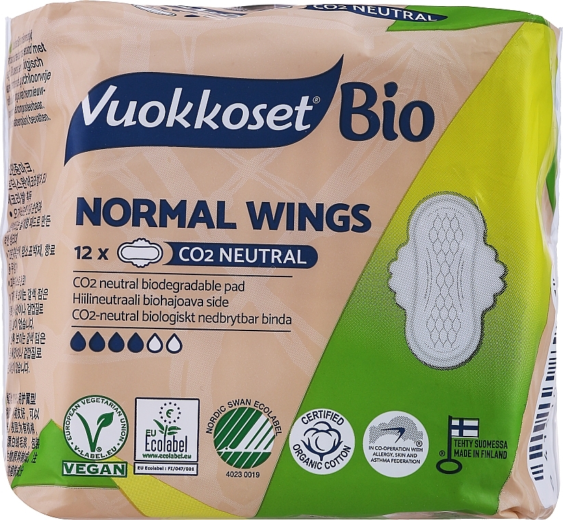 Прокладки гігієнічні з крильцями, 12 шт - Vuokkoset 100% Bio Normal Wings — фото N1