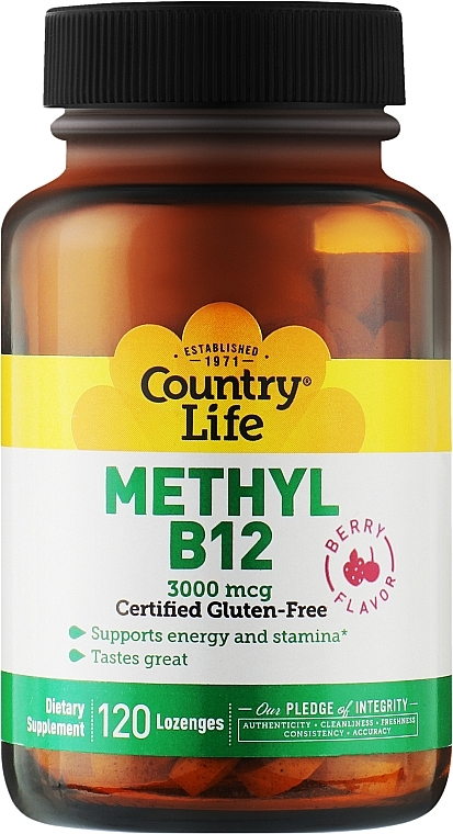 Витаминно-минеральный комплекс "Метил B12. Ягодный вкус 3000 мг." - Country Life Methyl B12 — фото N1