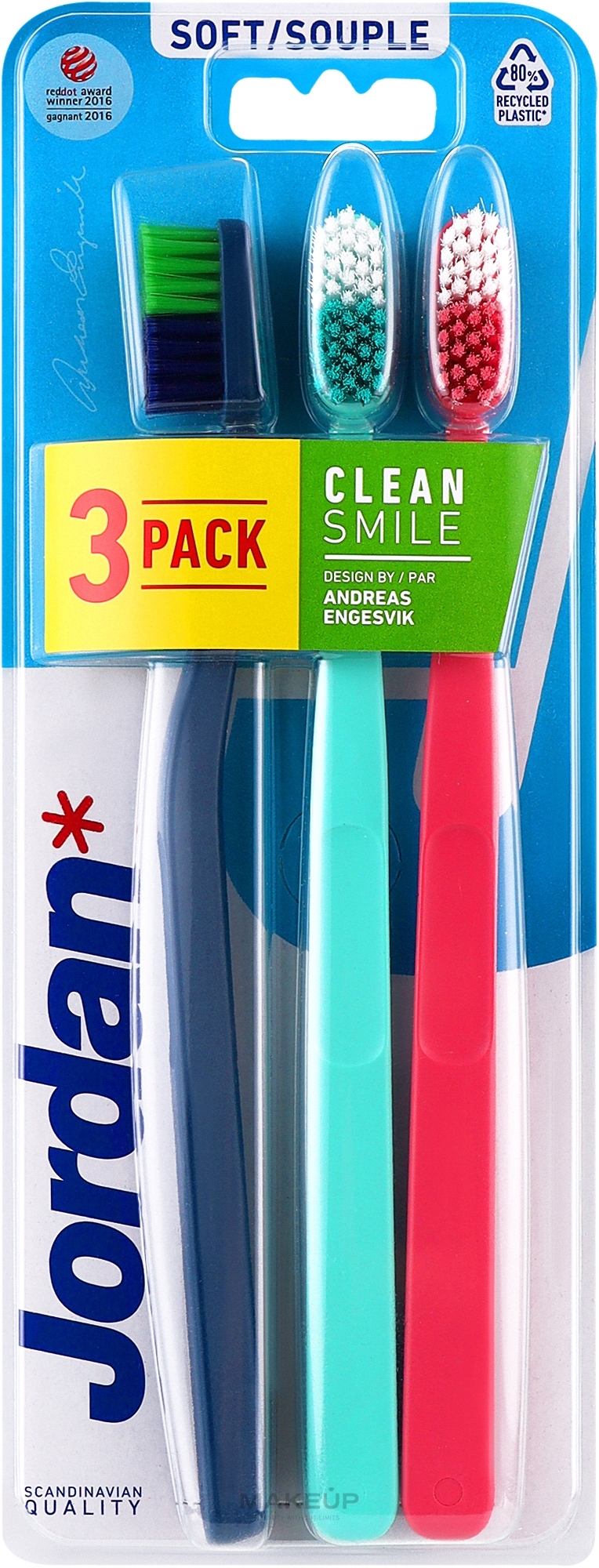 Зубна щітка м'яка, темно-синя + м'ятна + рожева - Jordan Clean Smile Soft — фото 3шт
