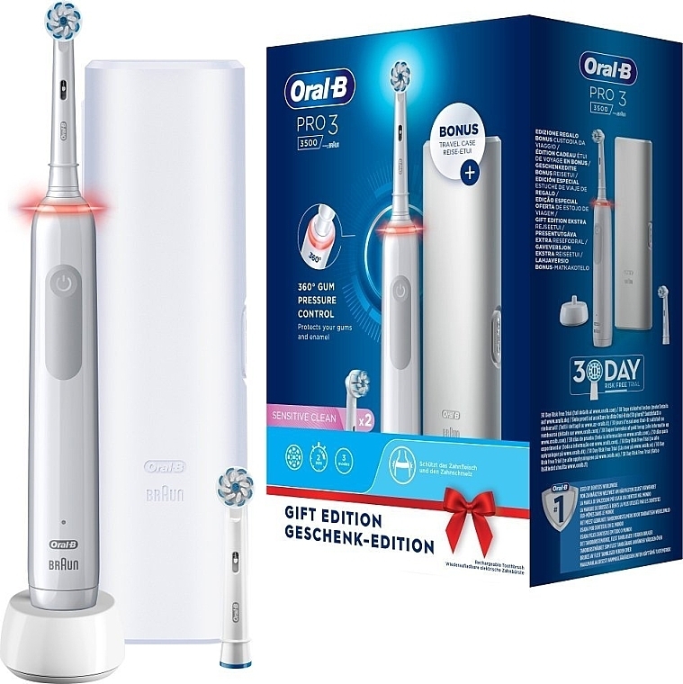 Электрическая зубная щетка + чехол и дополнительная насадка - Oral-B Pro 3 3500 White Sensitive Clean — фото N1