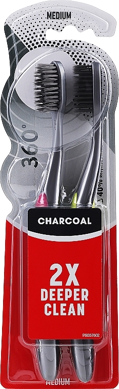 Зубна щітка з активованим вугіллям, середньої жорсткості, рожева + салатова - Colgate 360 Black Toothbrush Medium — фото N1