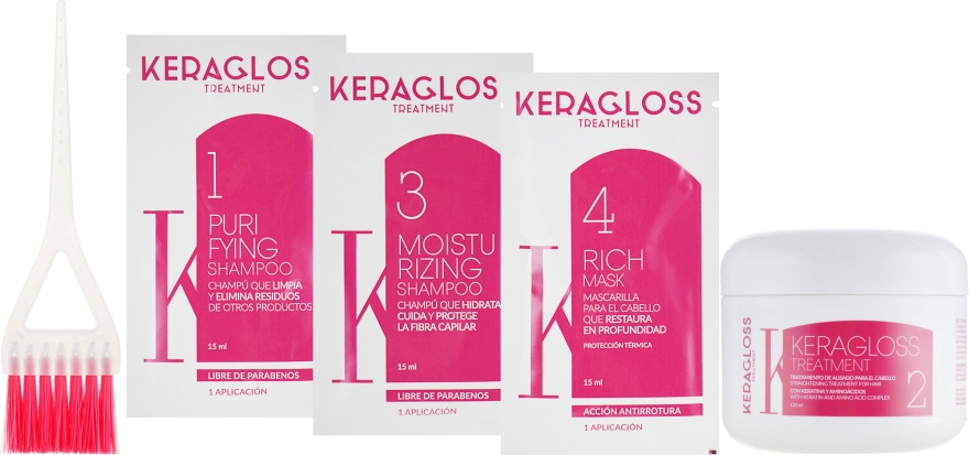 Набір для випрямлення волосся з кератином - Glossco Keragloss Treatment (treat/120ml + sh/15ml + sh/15ml + mask/15ml) — фото N2