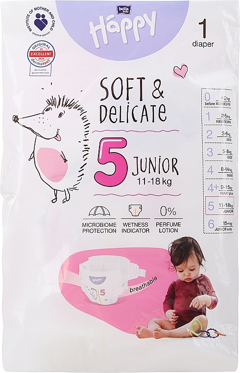 Дитячі підгузки 11-18 кг, розмір 5 Junior, 1 шт. - Bella Baby Happy Soft & Delicate — фото N1
