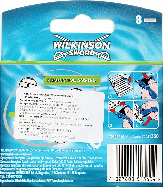 Сменные лезвия для бритья, 8 шт - Wilkinson Sword Protector 3 Blades — фото N2