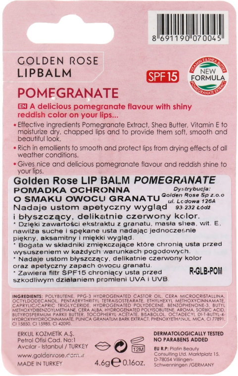 Бальзам для губ "Гранат" - Golden Rose Lip Balm Pomegranate SPF15 — фото N2