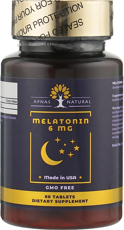 Харчова добавка "Мелатонін" 6 мг, 60 таблеток - Apnas Natural Melatonin — фото N1