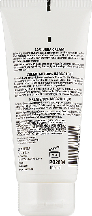 Глибоко зволожуючий крем для ніг з сечовиною - Clarena 30% Urea Foot Cream — фото N2