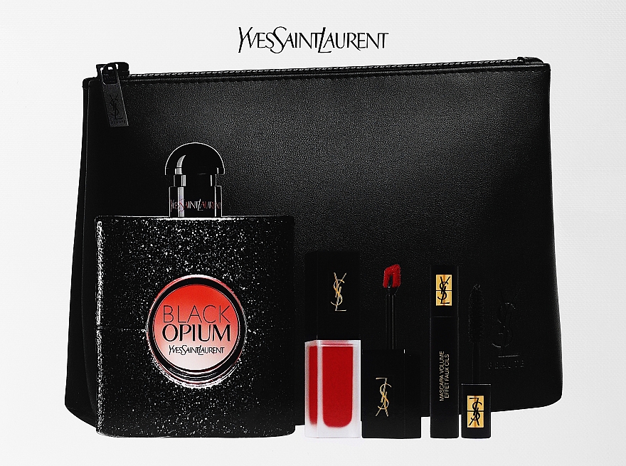 Yves Saint Laurent Black Opium - Набор (edp/90ml + mascara/2ml + lipstick/6ml + pouch) — фото N2