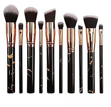 Пензлі для макіяжу, чорні із золотом, 10 шт. - Lewer Brushes 10 Black Gold With Fel-tip Pens — фото N1