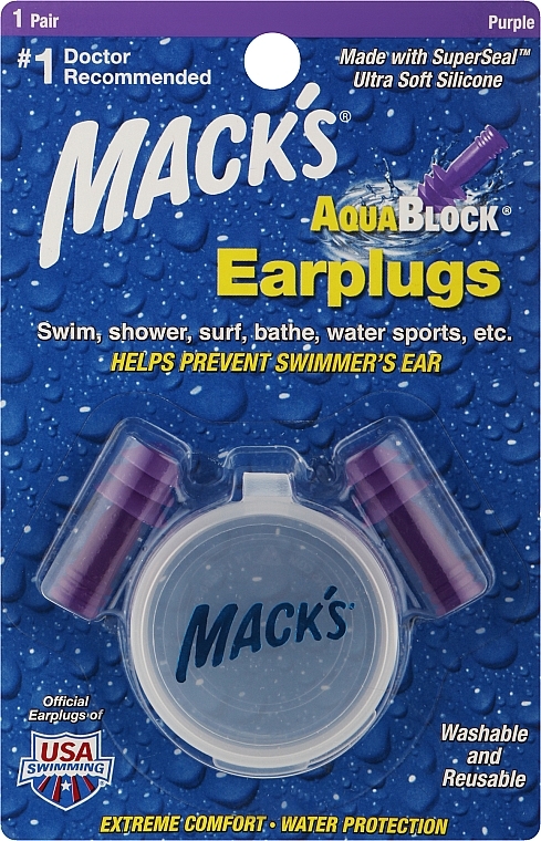 Беруші м'які #1112, захист від води, фіолетові - Mack's AquaBlock Earplugs — фото N1