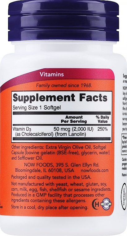 Вітамін D-3 високоактивний - Now Foods Vitamin D-3 High Potency 2000 IU Softgels — фото N2