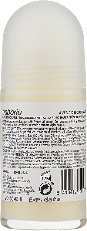 Дезодорант с экстрактом овса - Babaria Avena Roll-On Deodorant For Sensitive Skin — фото N2