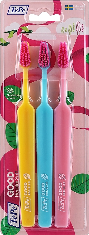 Набор зубных щеток, 3 шт, желтая + голубая + розовая - TePe Good Regular Soft — фото N1