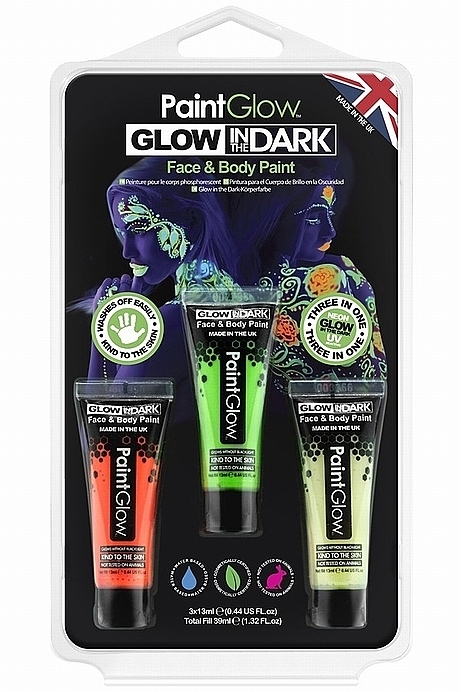 Набор неоновых красок для лица - PaintGlow Glow In the Dark Face & Body (paint/3x12ml) — фото N1
