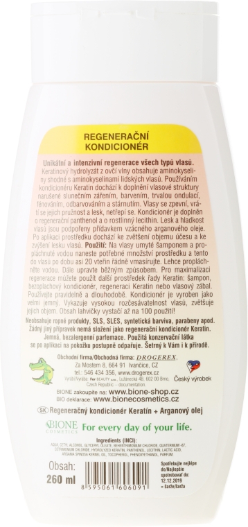 Восстанавливающий кондиционер для волос - Bione Cosmetics Keratin + Argan Oil Regenerative Conditioner With Panthenol — фото N2