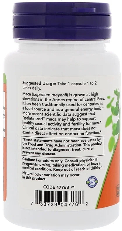 Харчова добавка "Необроблена мака", 750 мг - Now Foods Raw Maca Veg Capsules — фото N3