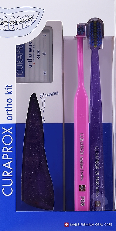 Набор, вариант 41 (фиолетовый, розовый, фиолетовый) - Curaprox Ortho Kit (brush/1pcs + brushes 07,14,18/3pcs + UHS/1pcs + orthod/wax/1pcs + box) — фото N1