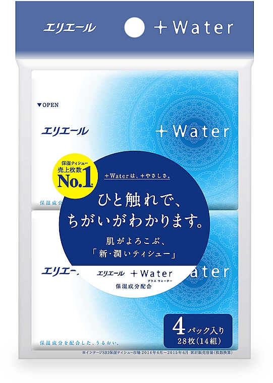 Платочки бумажные увлажняющие "+Water" с глицерином и молекулами воды, 4х14шт - Elleair — фото N1