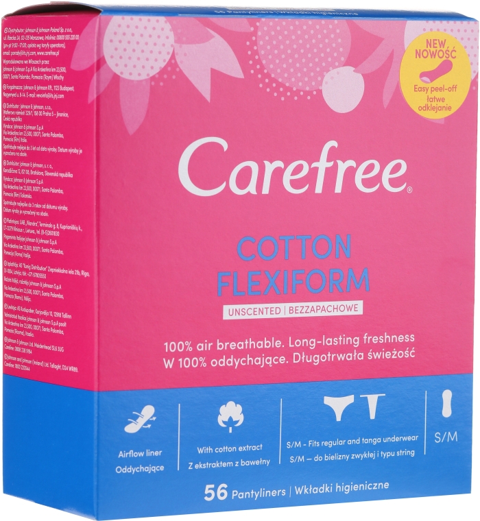 Гигиенические ежедневные гибкие прокладки без запаха, 56 шт - Carefree Cotton FlexiForm Unscented