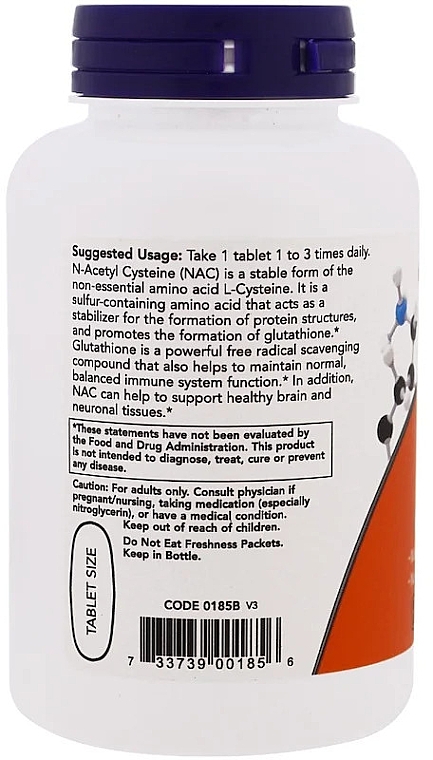 Пищевая добавка "N-Ацетилцистеин", 1000 мг - Now Foods NAC Tablets — фото N4