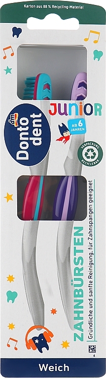 Набор детских зубных щеток Junior Weich, красная, фиолетовая - Dontodent — фото N1