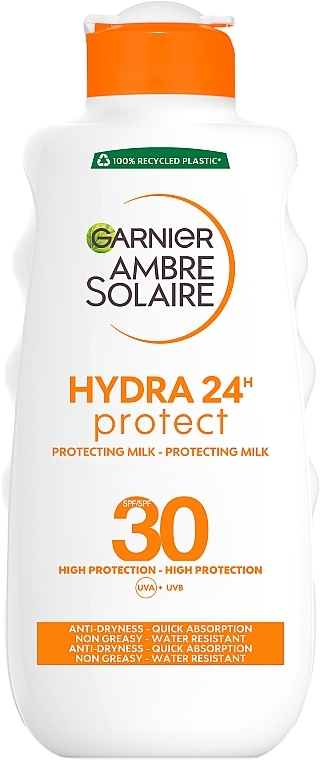 Сонцезахисне водостійке молочко проти сухості шкіри тіла та обличчя, високий ступінь захисту SPF30 - Garnier Ambre Solaire — фото N1