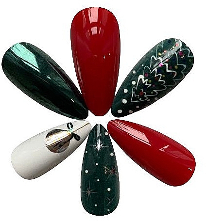 Накладні нігті "Різдвяні візерунки", червоно-зелені з білим - Deni Carte — фото N2