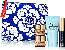 ПОДАРУНОК! Синя косметичка з візерунком з наповненням - Estee Lauder (lot/30ml + cr/7ml + eye/balm/5ml + mascara/2.8ml + pouch) — фото N1