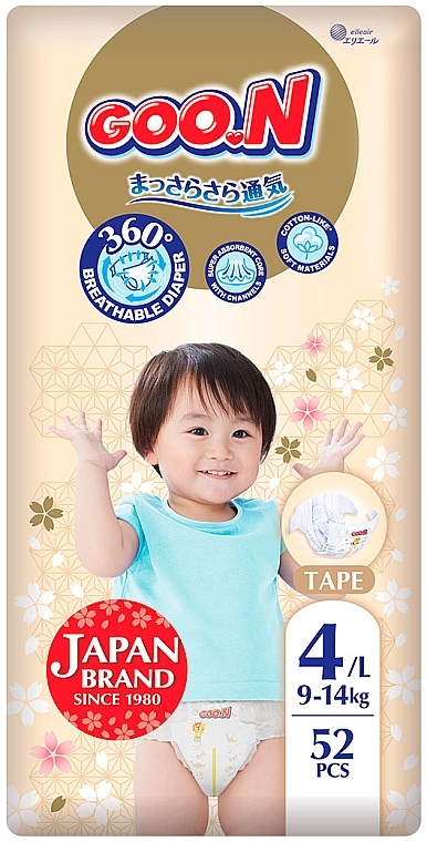 Підгузки Premium Soft для дітей 9-14 кг, розмір 4(L), на липучках, 52 шт. - Goo.N — фото N1