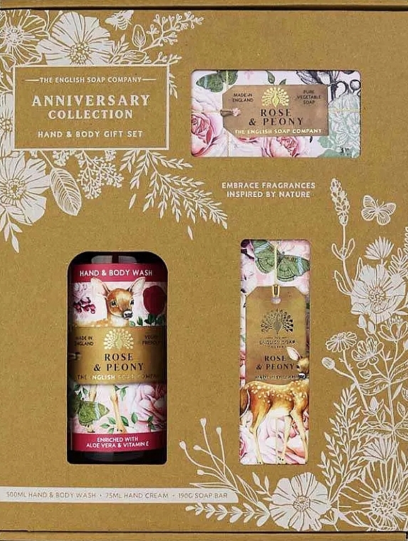Набор - The English Soap Company Anniversary Collection Rose & Peony Hand And Body Gift Box (soap/190g + h/cr/75ml + h/wash/500ml) — фото N1